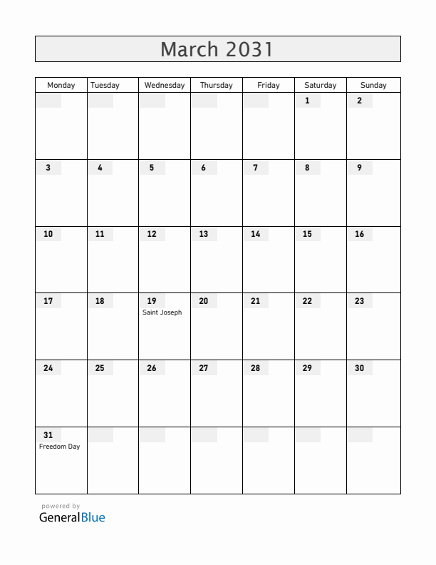 Malta March 2031 Calendar with Holidays