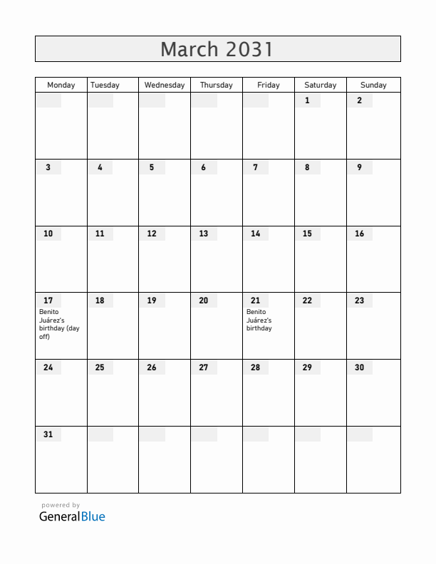 Mexico March 2031 Calendar with Holidays