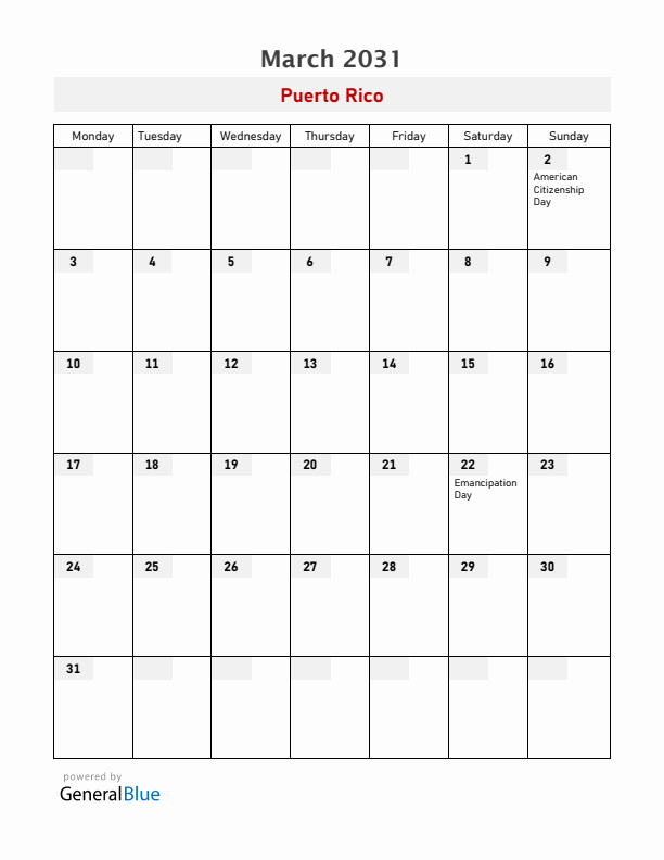 Puerto Rico March 2031 Calendar with Holidays