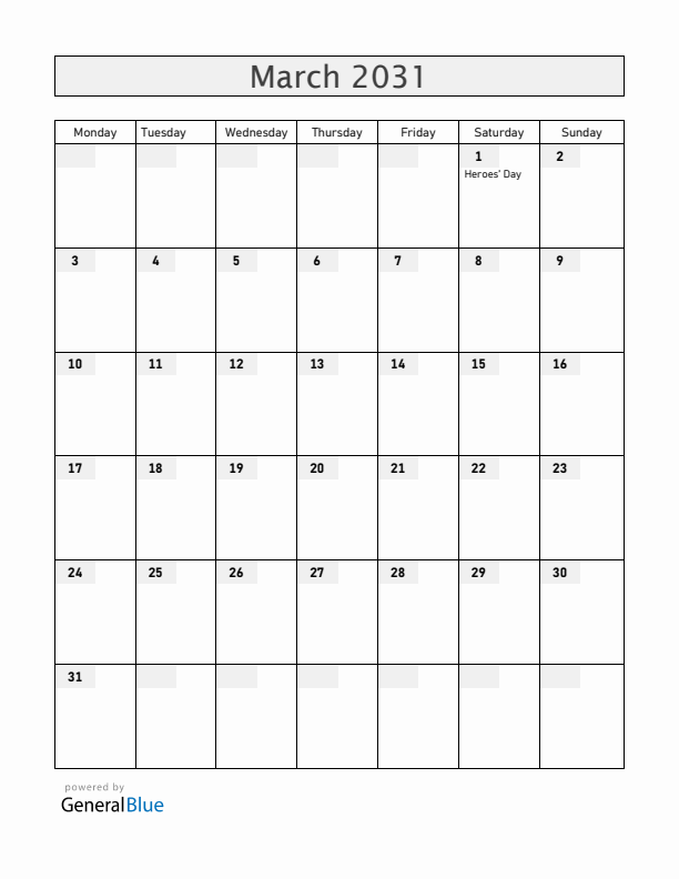 Paraguay March 2031 Calendar with Holidays