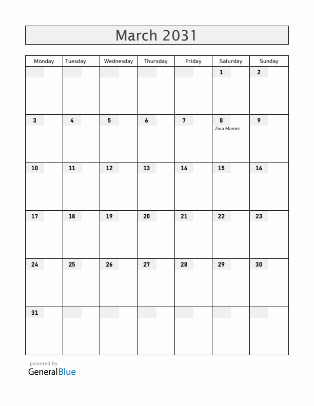 Romania March 2031 Calendar with Holidays