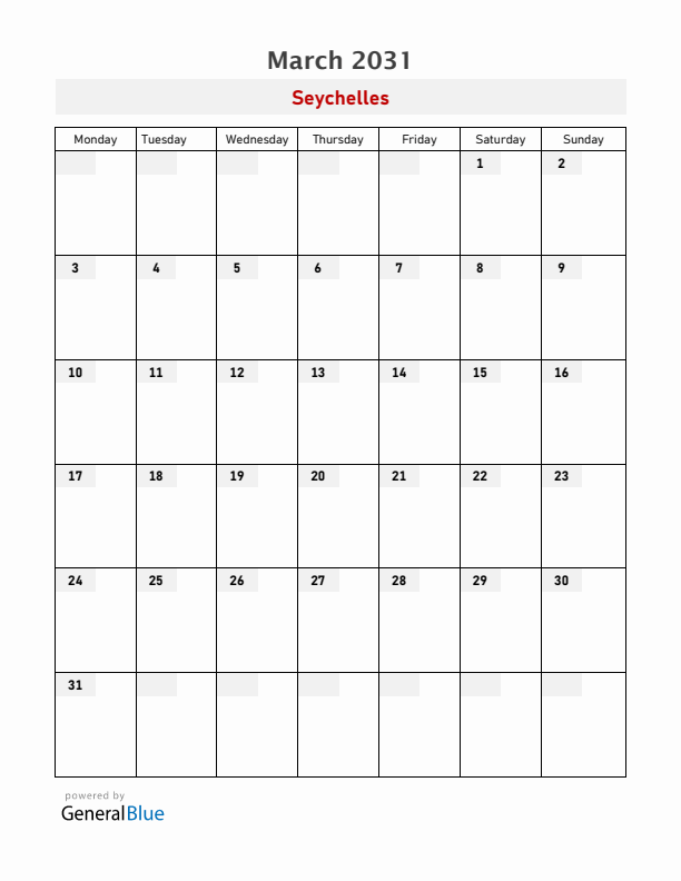 Seychelles March 2031 Calendar with Holidays