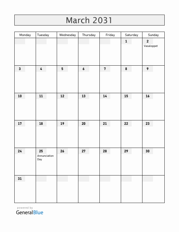 Sweden March 2031 Calendar with Holidays