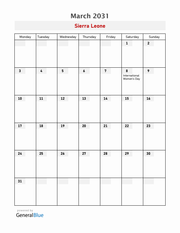 Sierra Leone March 2031 Calendar with Holidays