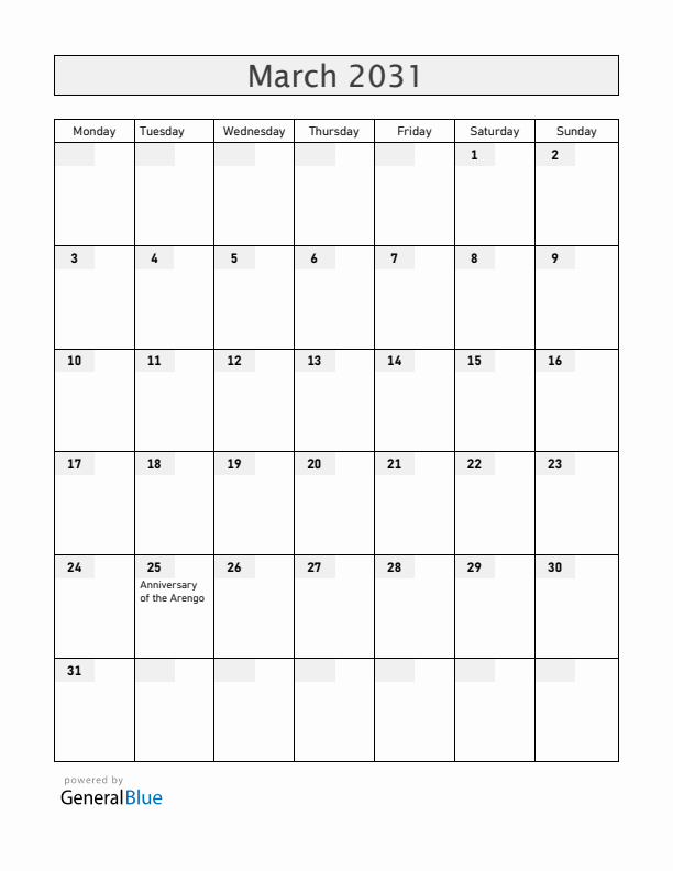 San Marino March 2031 Calendar with Holidays