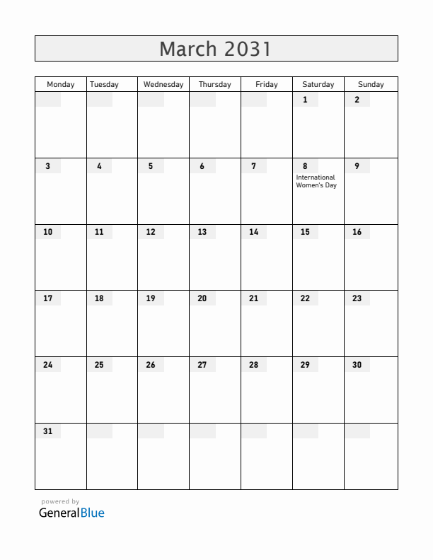 South Sudan March 2031 Calendar with Holidays
