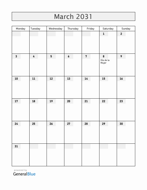 El Salvador March 2031 Calendar with Holidays