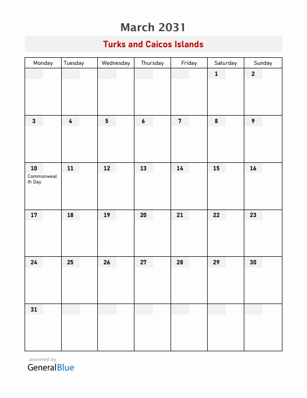 Turks and Caicos Islands March 2031 Calendar with Holidays