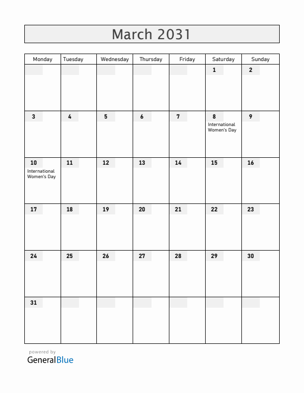 Ukraine March 2031 Calendar with Holidays