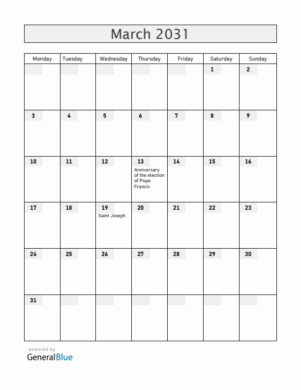 Vatican March 2031 Calendar with Holidays