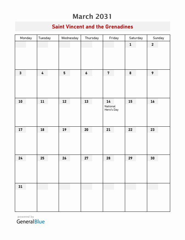 Saint Vincent and the Grenadines March 2031 Calendar with Holidays