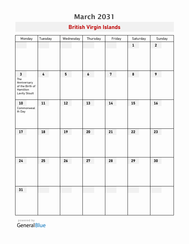 British Virgin Islands March 2031 Calendar with Holidays