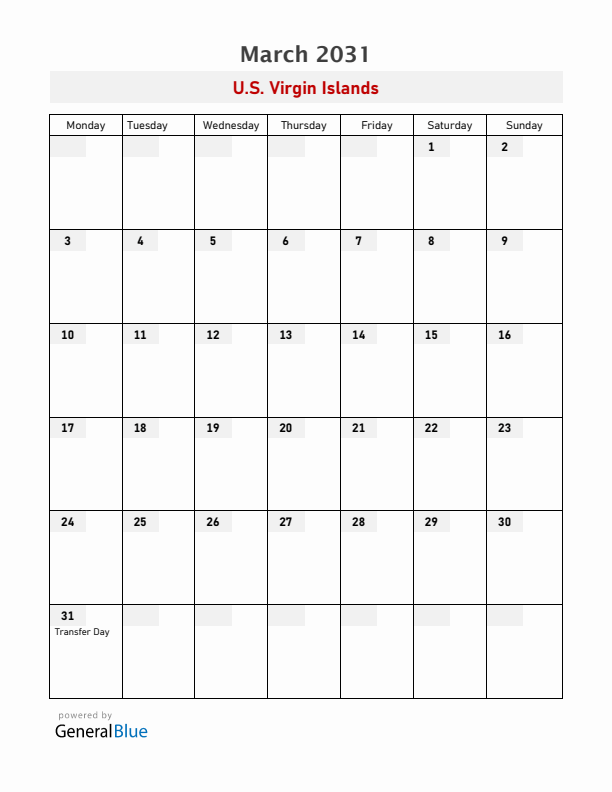 U.S. Virgin Islands March 2031 Calendar with Holidays