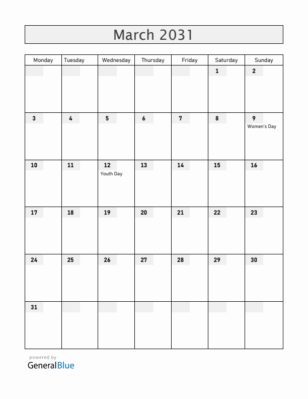 Zambia March 2031 Calendar with Holidays