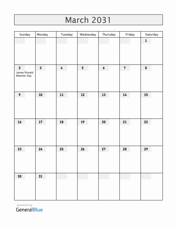 Anguilla March 2031 Calendar with Holidays
