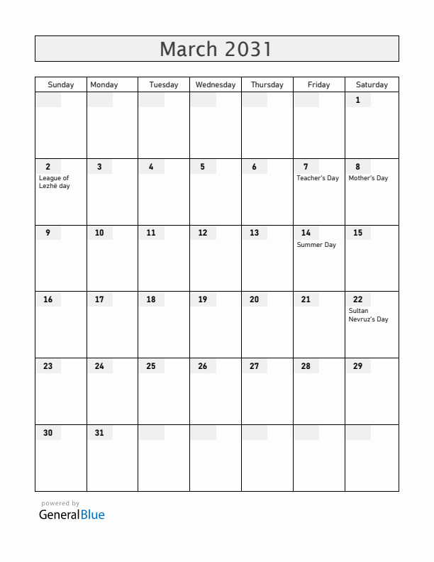 Albania March 2031 Calendar with Holidays