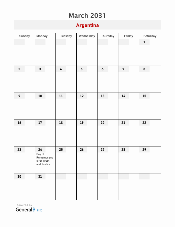 Argentina March 2031 Calendar with Holidays