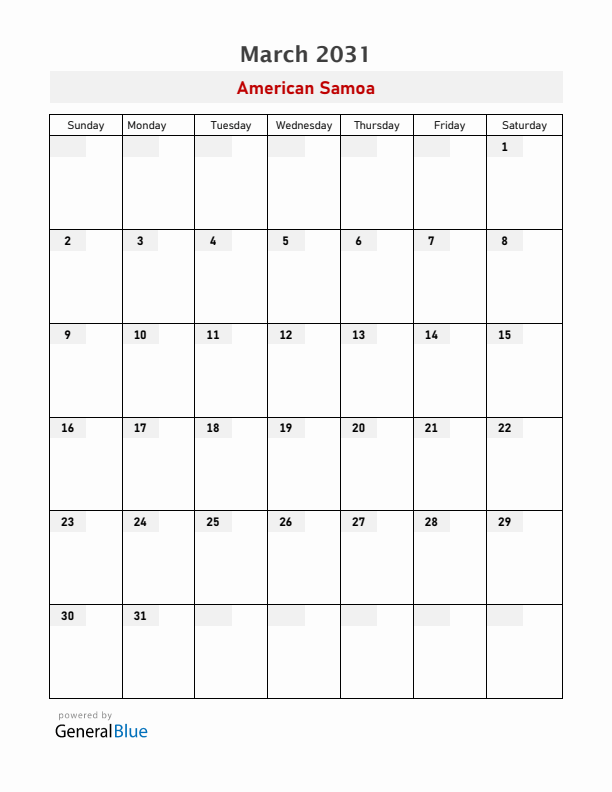 American Samoa March 2031 Calendar with Holidays