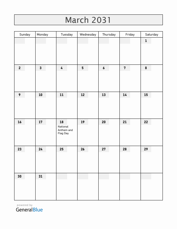 Aruba March 2031 Calendar with Holidays