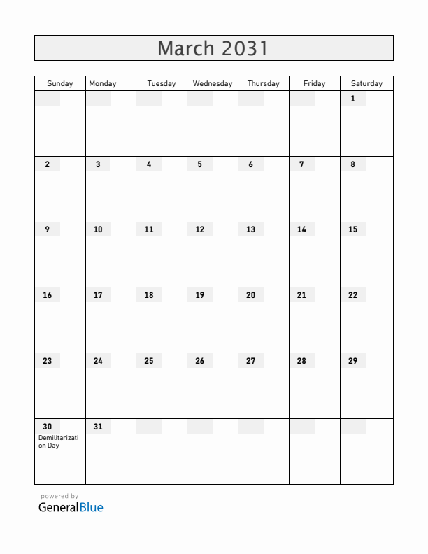 Aland Islands March 2031 Calendar with Holidays