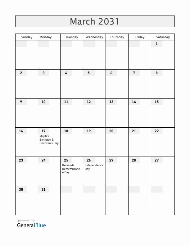 Bangladesh March 2031 Calendar with Holidays