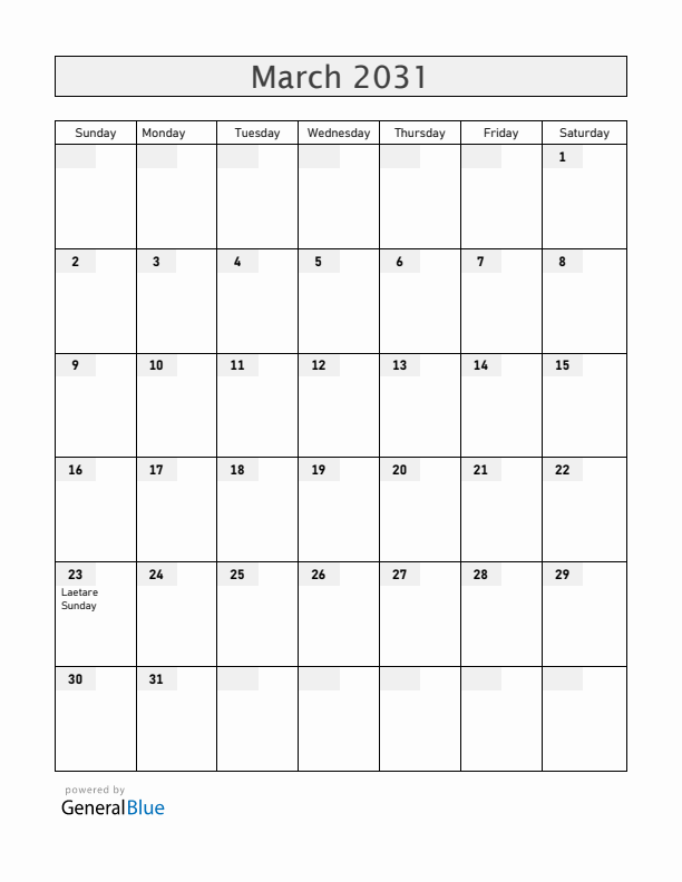 Saint Barthelemy March 2031 Calendar with Holidays