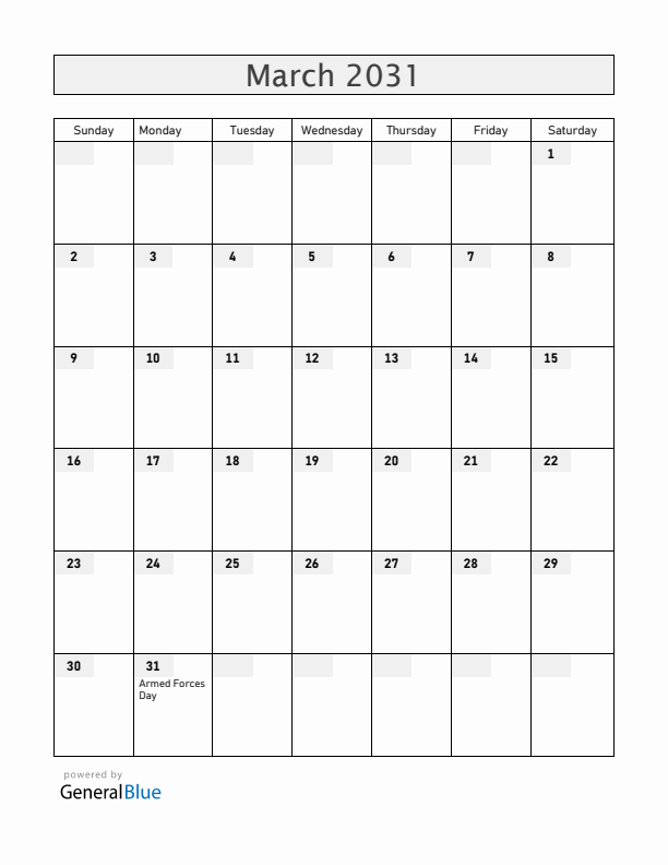 Brunei March 2031 Calendar with Holidays
