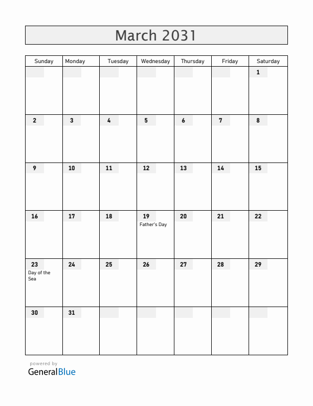Bolivia March 2031 Calendar with Holidays