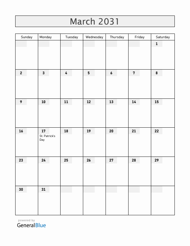 Canada March 2031 Calendar with Holidays