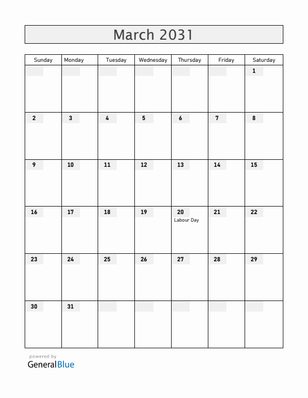 Cocos Islands March 2031 Calendar with Holidays
