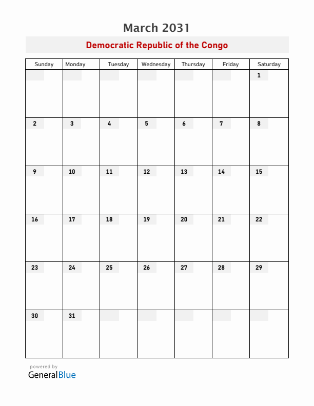 Democratic Republic of the Congo March 2031 Calendar with Holidays