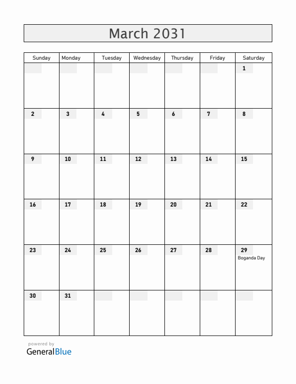 Central African Republic March 2031 Calendar with Holidays
