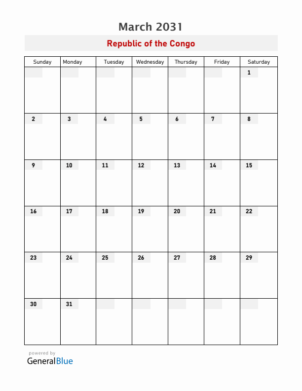 Republic of the Congo March 2031 Calendar with Holidays