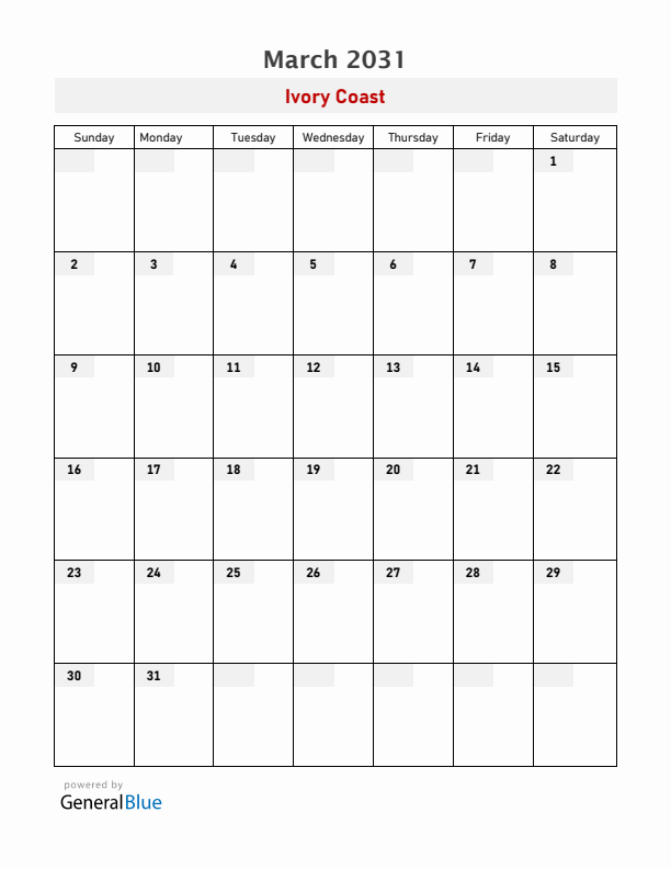 Ivory Coast March 2031 Calendar with Holidays