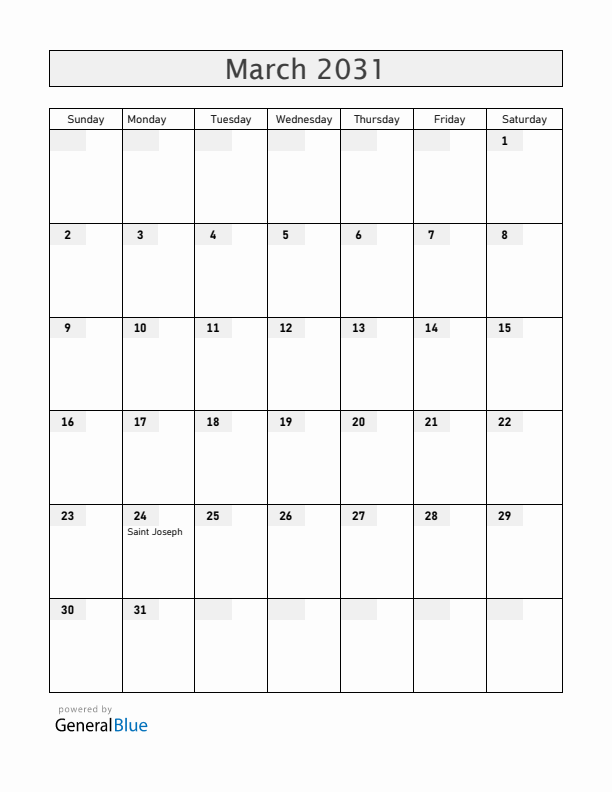 Colombia March 2031 Calendar with Holidays