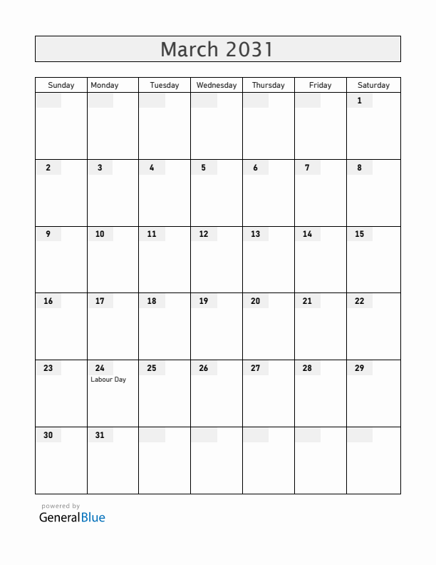 Christmas Island March 2031 Calendar with Holidays