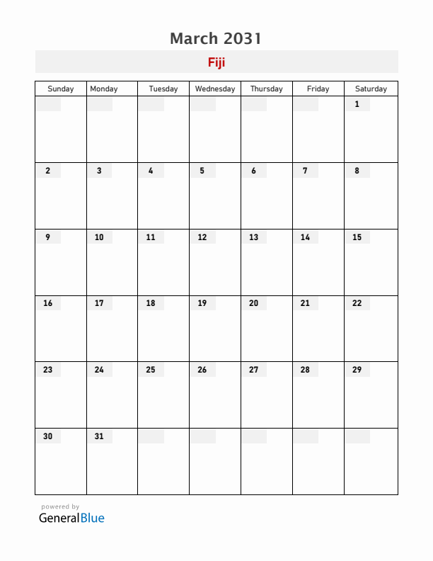 Fiji March 2031 Calendar with Holidays