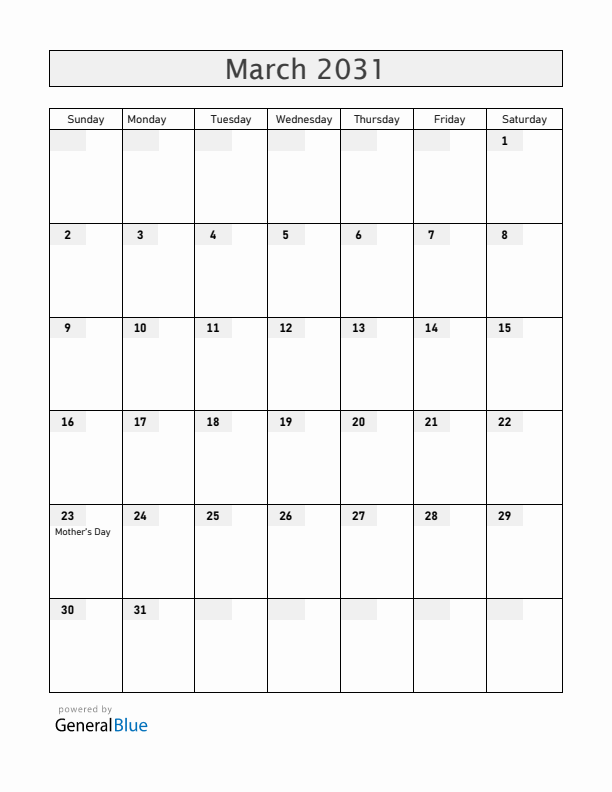 Guernsey March 2031 Calendar with Holidays