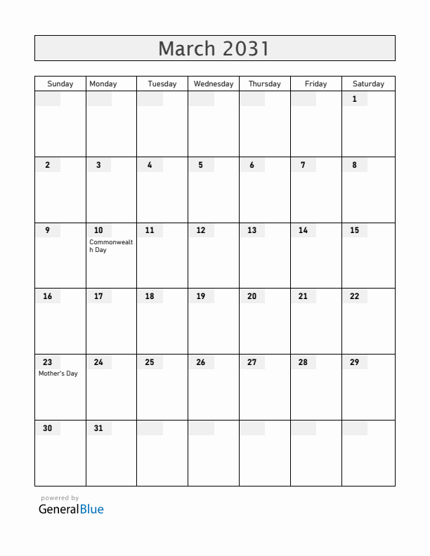 Gibraltar March 2031 Calendar with Holidays