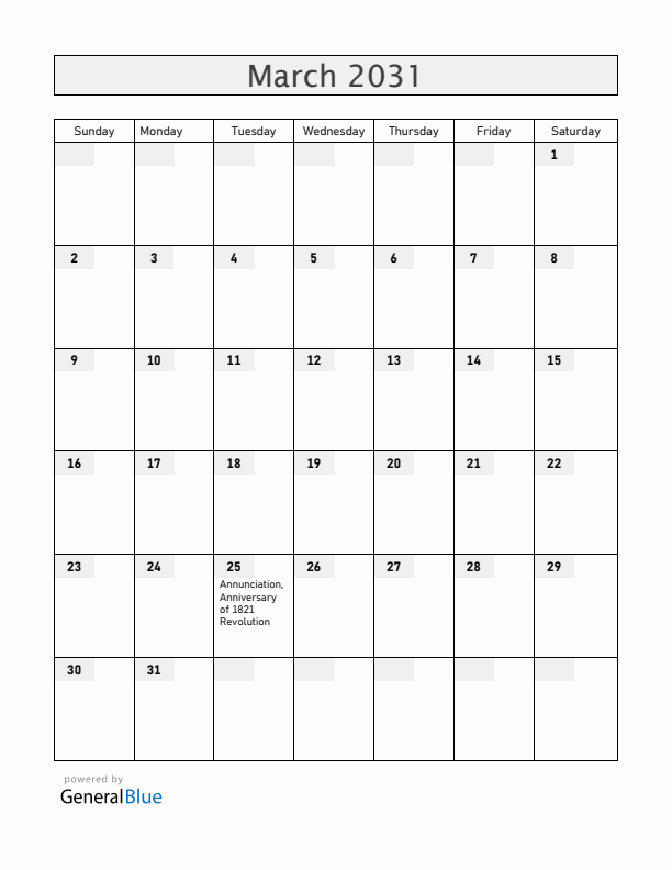 Greece March 2031 Calendar with Holidays