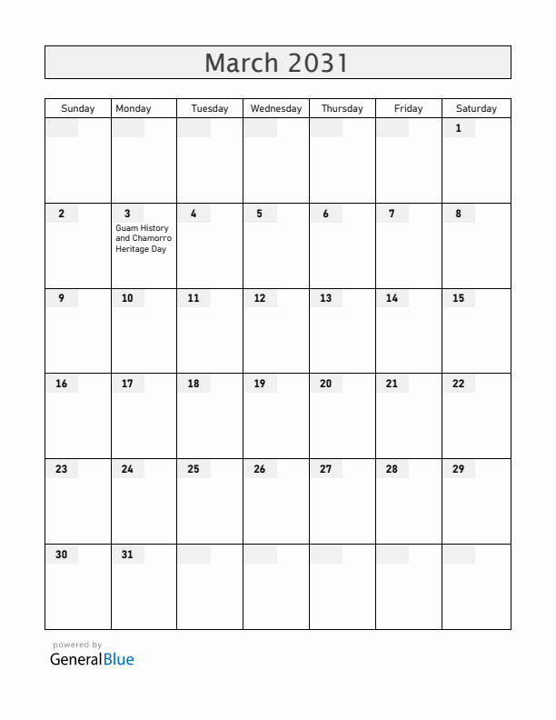 Guam March 2031 Calendar with Holidays