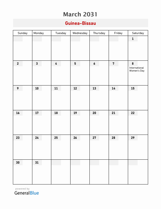 Guinea-Bissau March 2031 Calendar with Holidays