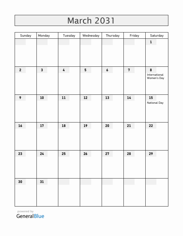 Hungary March 2031 Calendar with Holidays