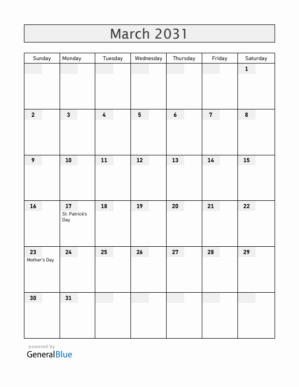 Ireland March 2031 Calendar with Holidays
