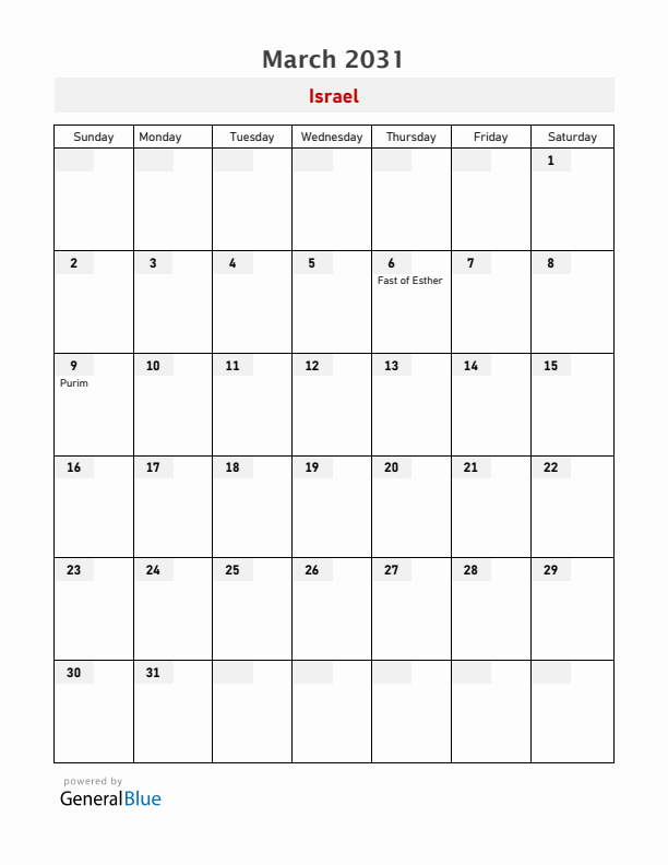 Israel March 2031 Calendar with Holidays