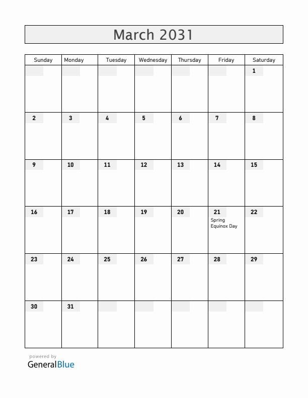 Japan March 2031 Calendar with Holidays