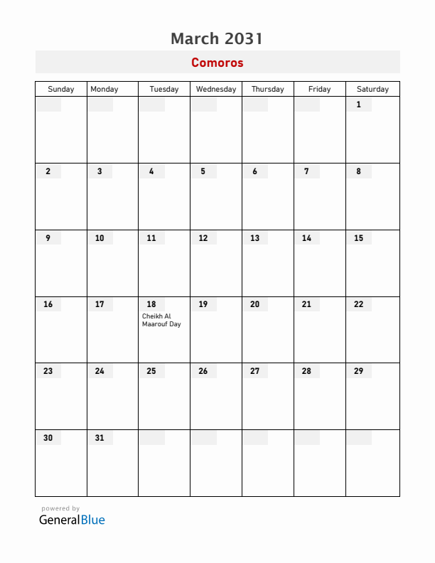Comoros March 2031 Calendar with Holidays