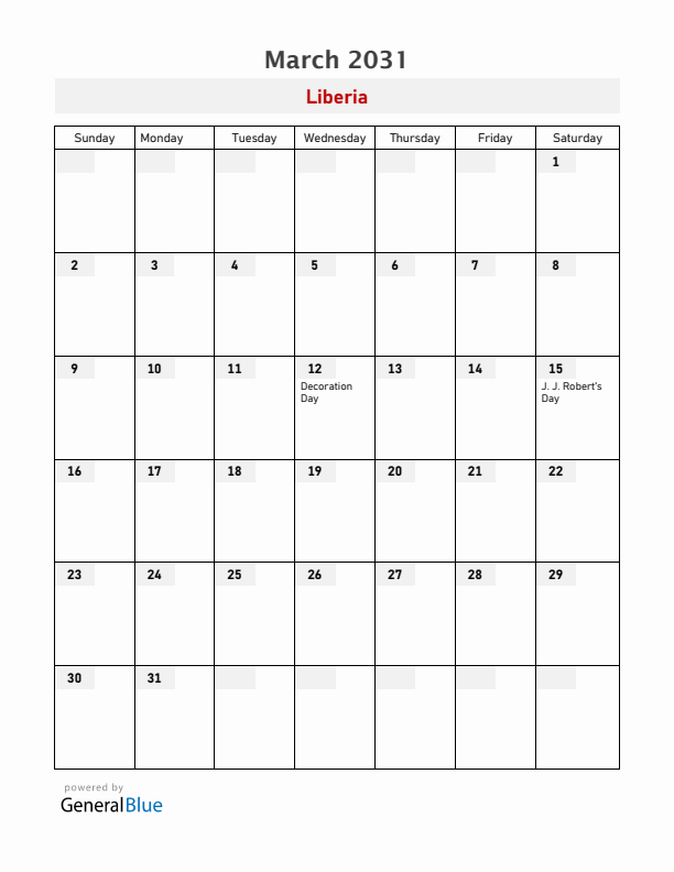 Liberia March 2031 Calendar with Holidays
