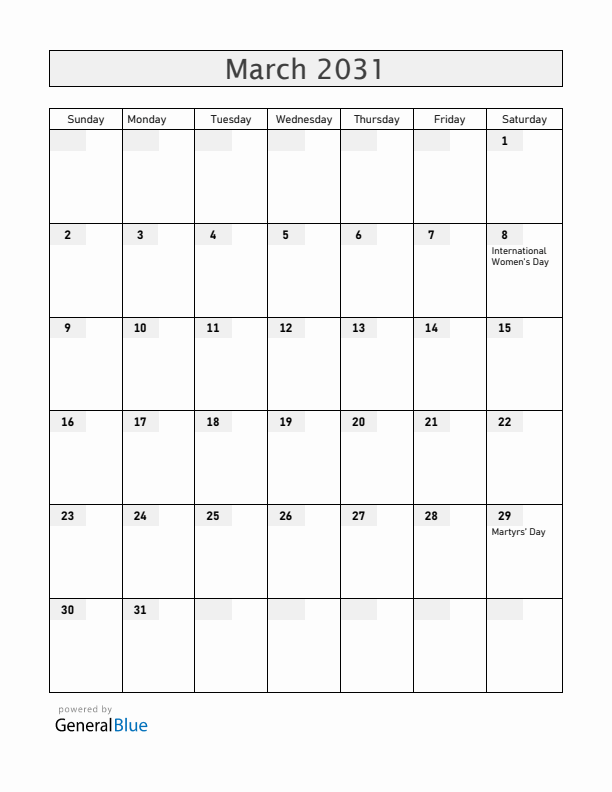 Madagascar March 2031 Calendar with Holidays