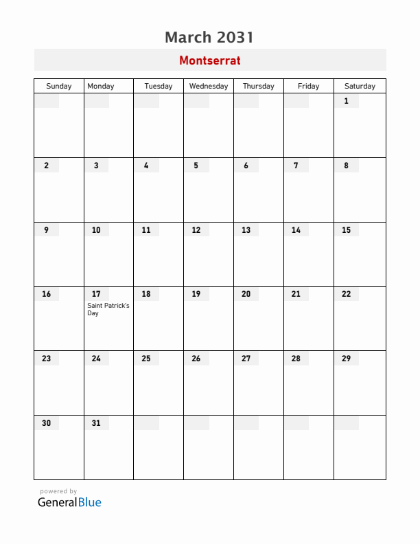 Montserrat March 2031 Calendar with Holidays